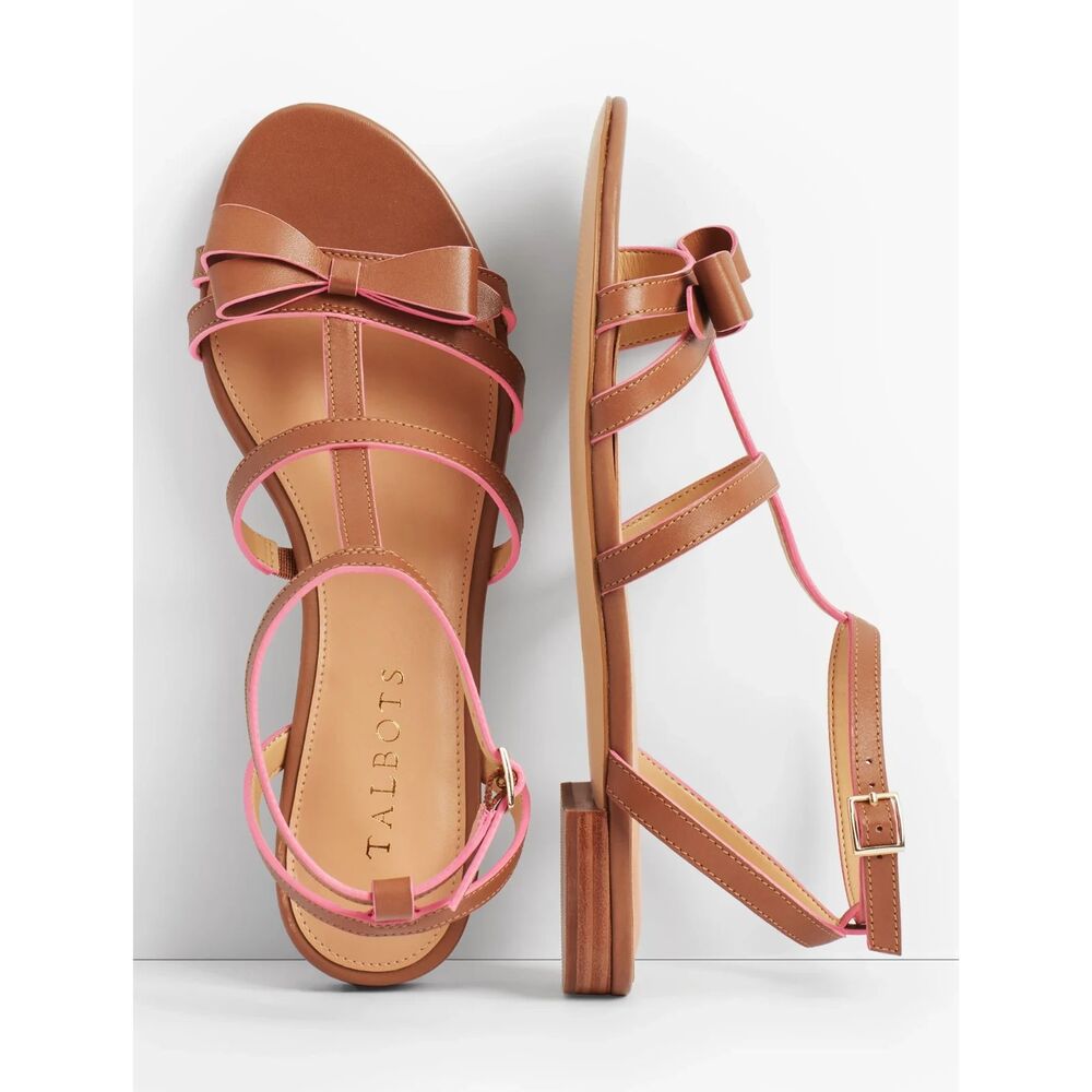 Talbots Keri Bow Vachetta Leather Sandals. Tan Pink Strappy Gladiator Sandals. 9
